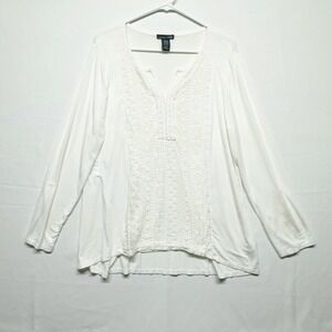 RXB Long Sleeve V-neck Blouse with Lace Overlay Roll Tabs Marshmallow Women's L
